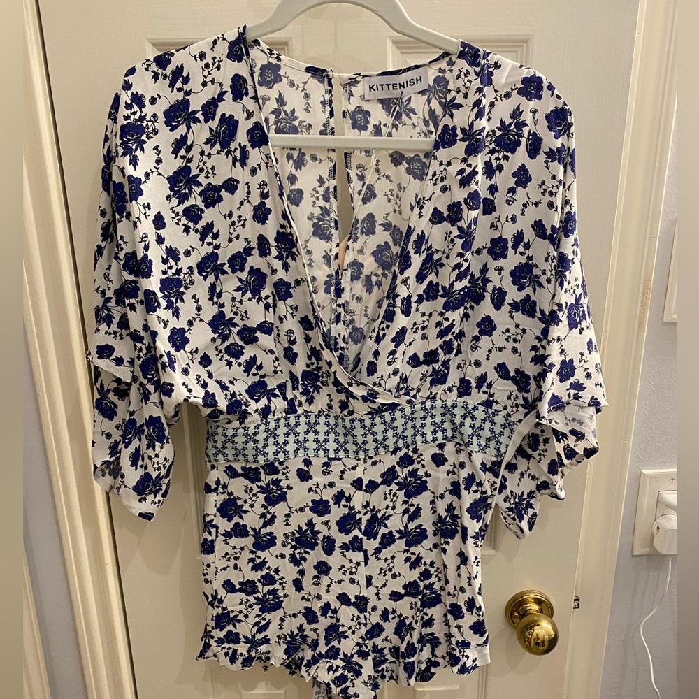 NWT kittenish blue and white romper